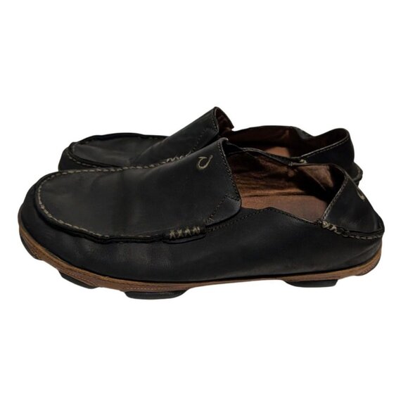Olukai Moloa Moccasin Shoes Slip On Comfort Black Brown Leather Mens Size 11 - Picture 1 of 7